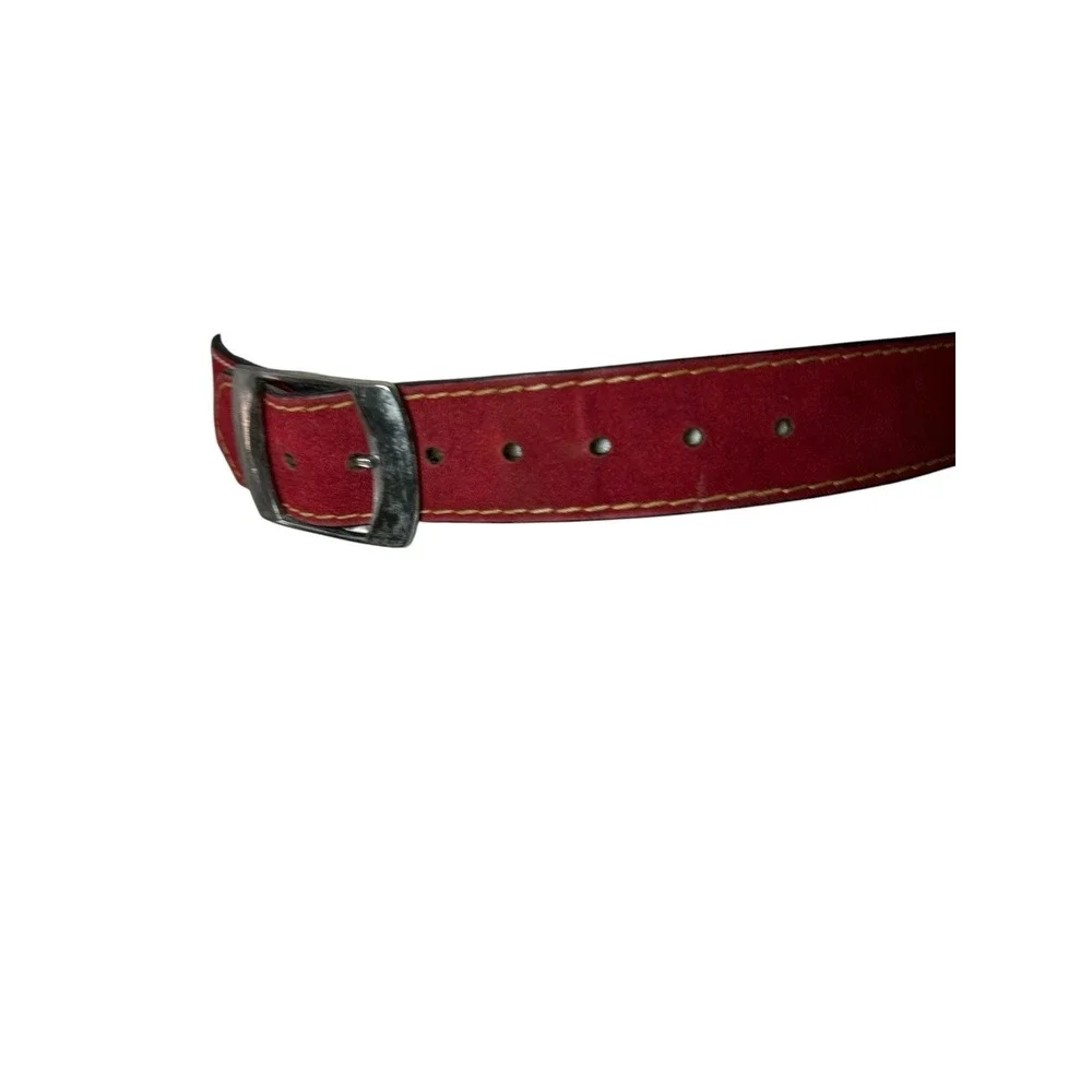Vtg RED Contrast Stitch Belt Sculptural Buckle Size 34 Heritage 70's Americana